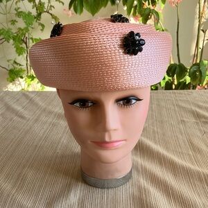 Elegant Blush Hat with Black Crystal Floral Accents